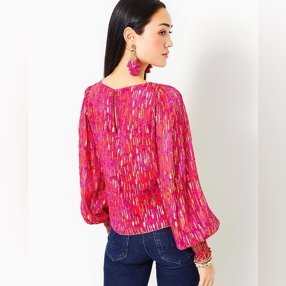 Lilly Pulitzer Alfreda Long Sleeve Top in Amaryllis Red Secret Hideaway Size 16 - Picture 3 of 13